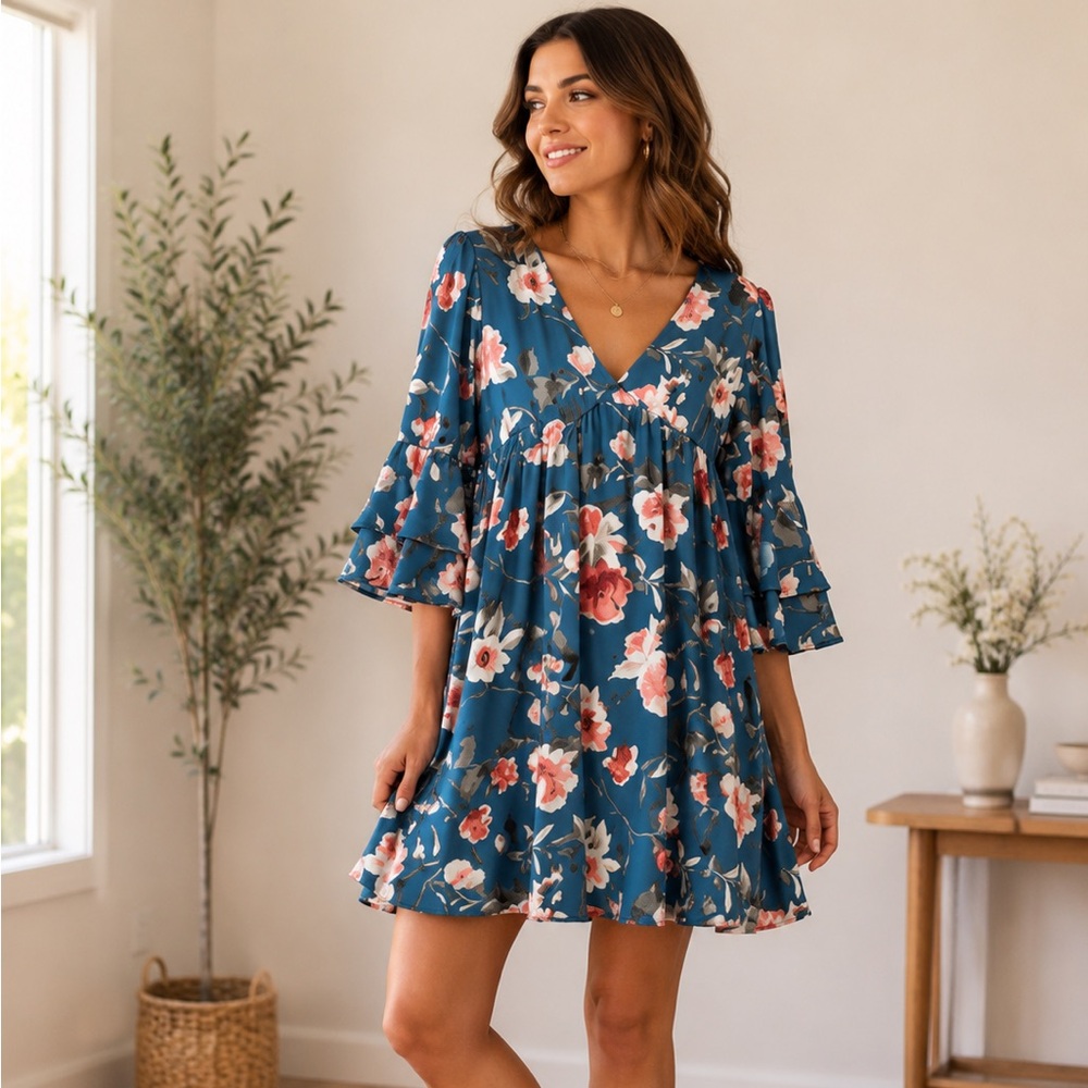 Pink Lily Blue, Pink, and White Floral Bell-sleeve Dress